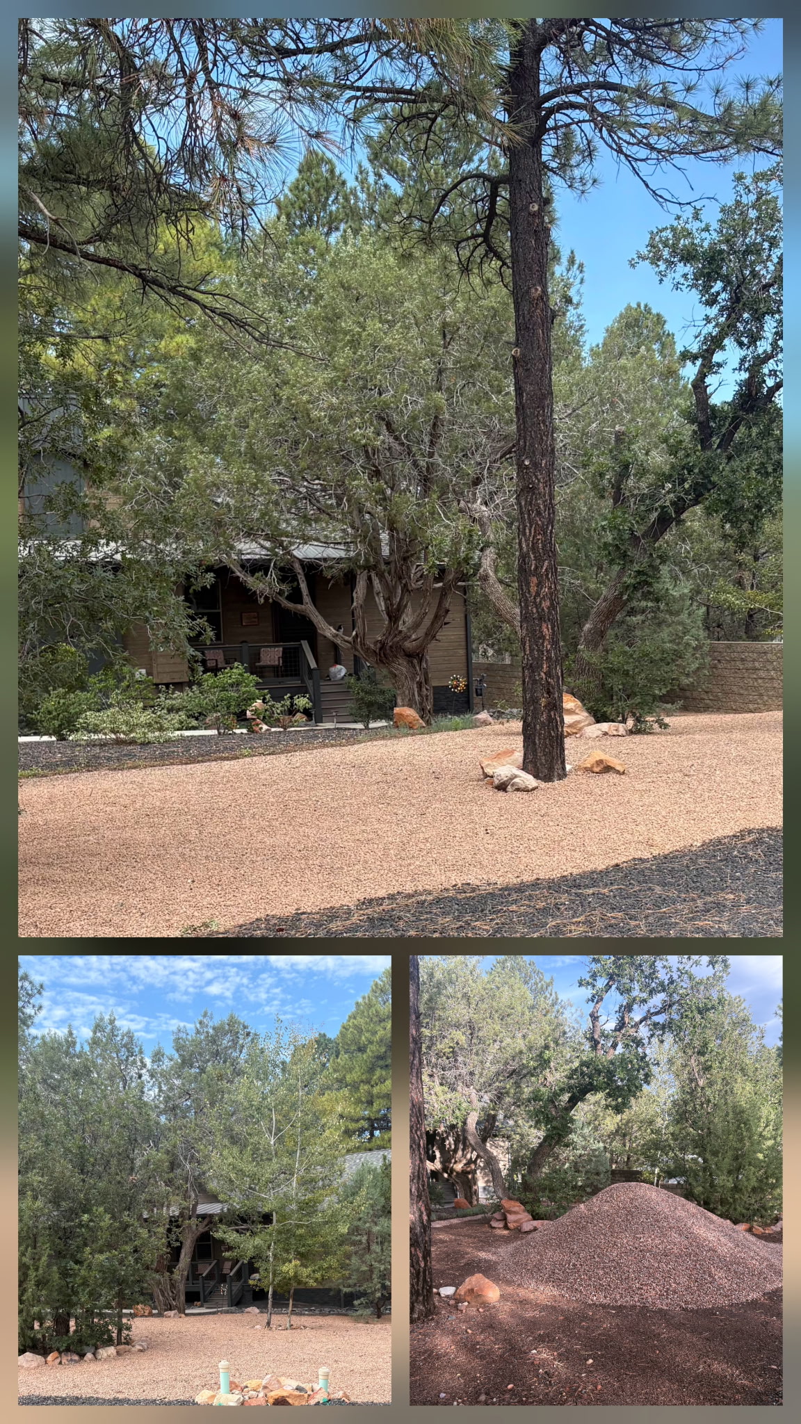 Wooded cabin with finished light-colored gravel coverage and a lower-right photo of the delivery pile before spreading