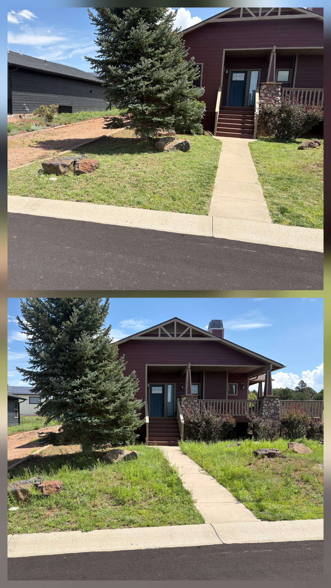 Same lawn after mowing in the top photo and before mowing with taller grass in the bottom photo