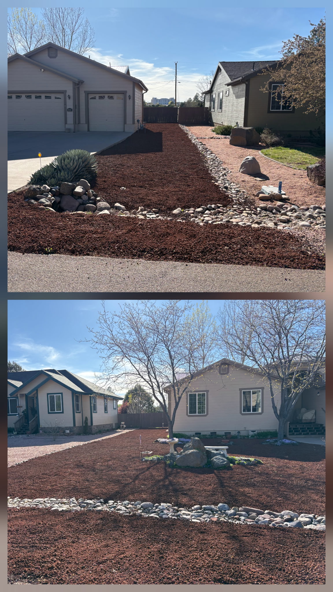 Two views of red decorative gravel beds separated by rounded river-stone borders around homes