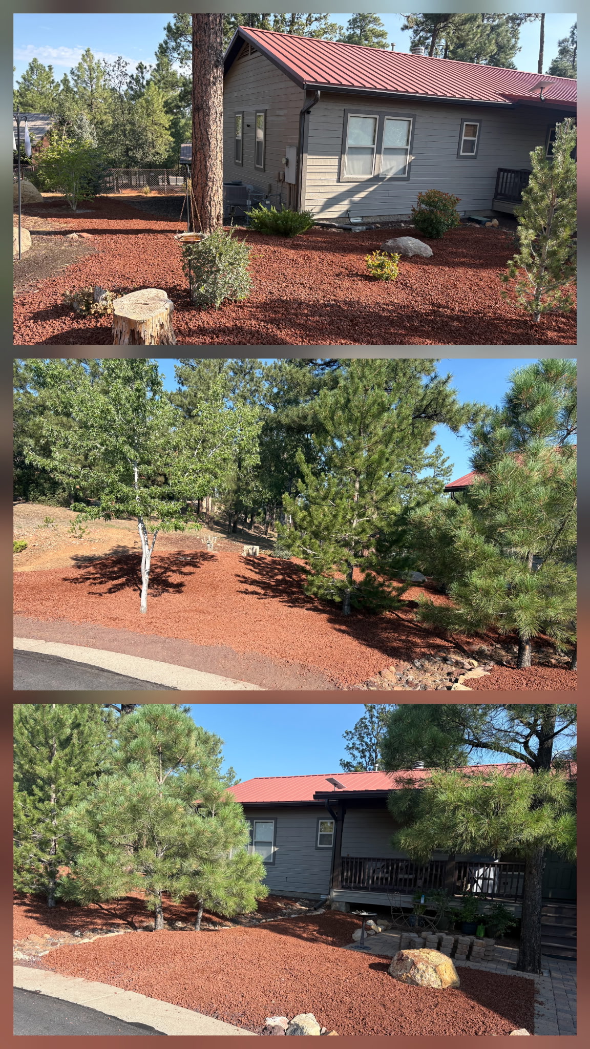 Three angles of red decorative rock spread around a gray home with a red roof and pine trees